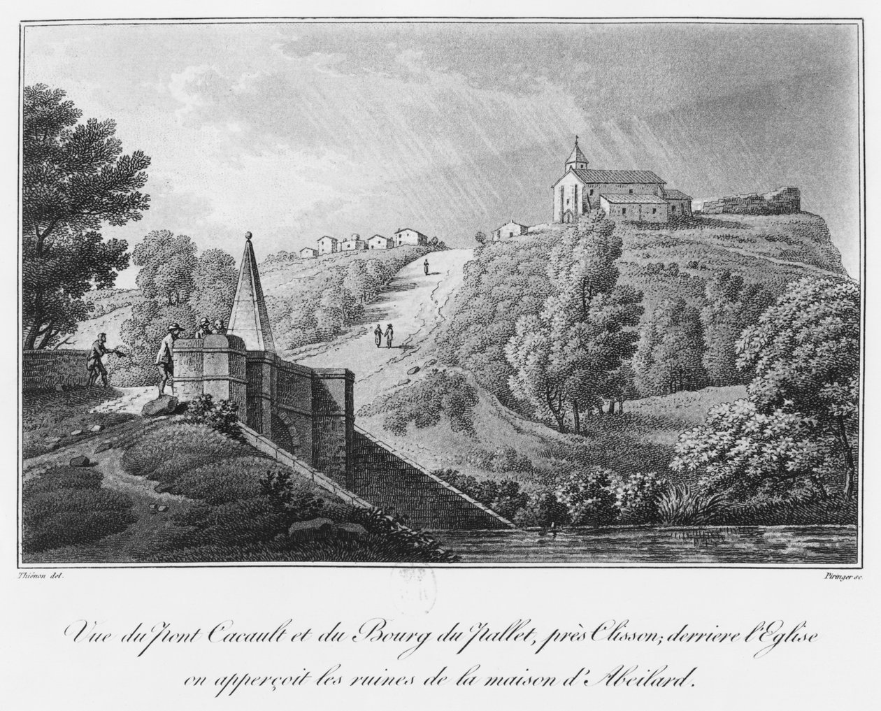 Udsigt over Cacault-broen og landsbyen Pallet, nær Clisson, ruinerne af Abelards hus, illustration fra 