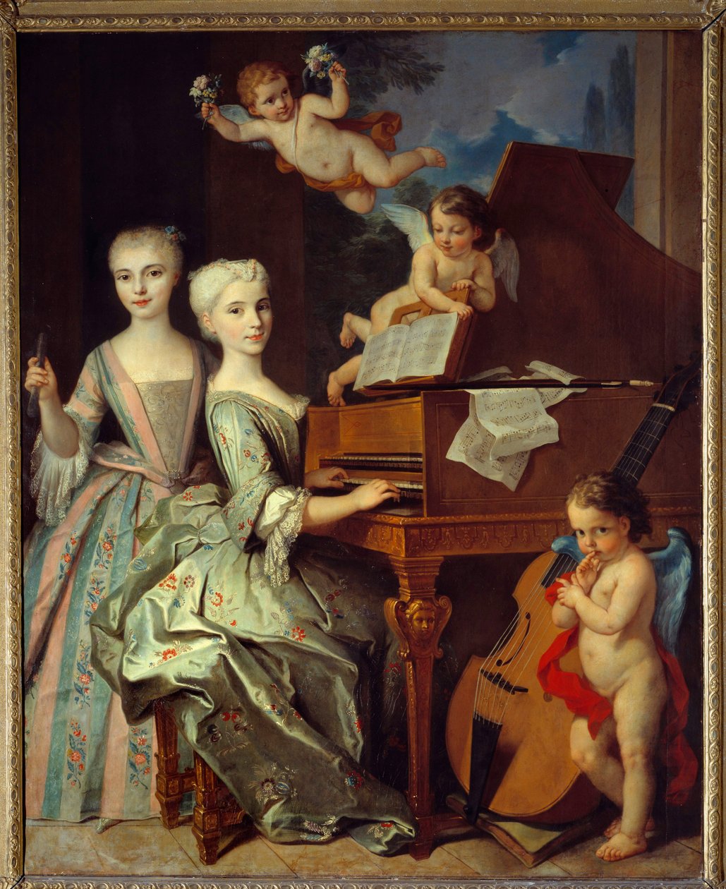 Adelaide de Gueidan og hans søster ved cembalo: Adelaide (1725-1786) og hendes søster Catherine (1726-1759) er medlemmer af en stor provencalsk familie. De er omgivet af musikalske engle. 1735-1740. Olie på lærred af Claude Arnulphy (1697-1786). Musee af Claude Arnulphy