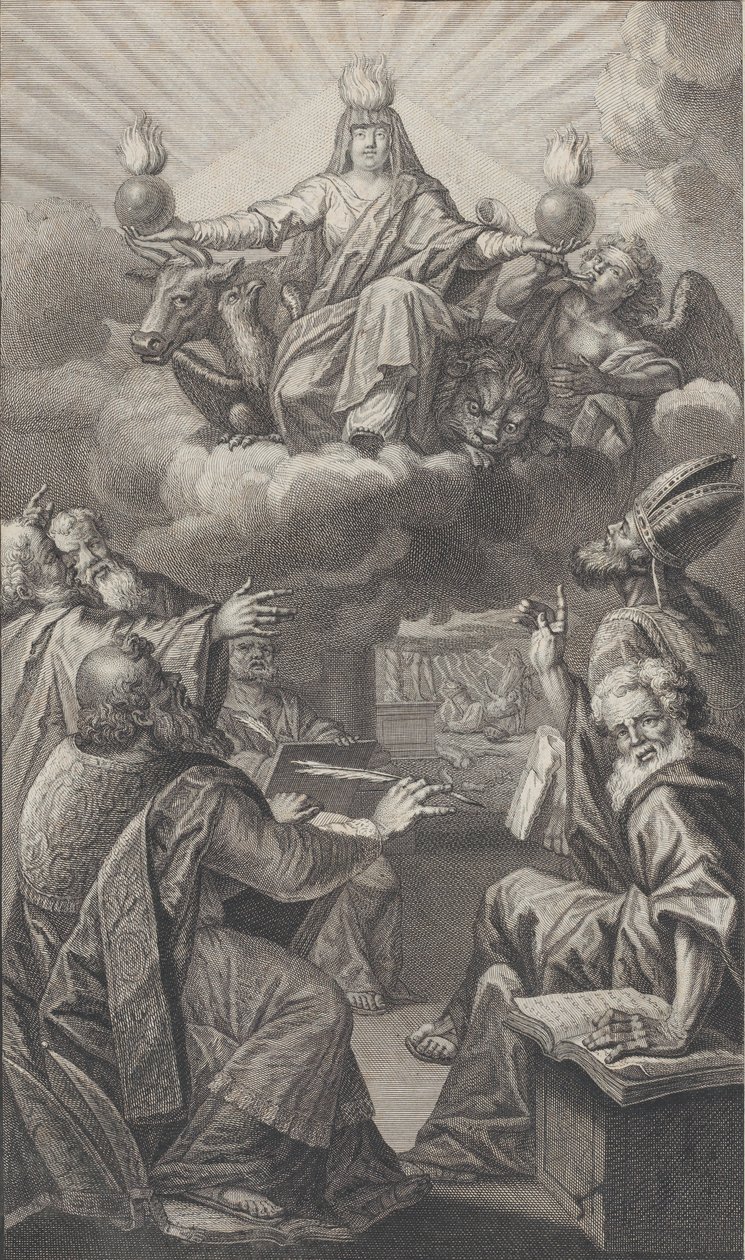 Allegorisk skikkelse dukker op på skyer over hovedet, mens en gruppe mænd, der er samlet nedenfor, ser ud..., 1728. af Claude Augustin Duflos