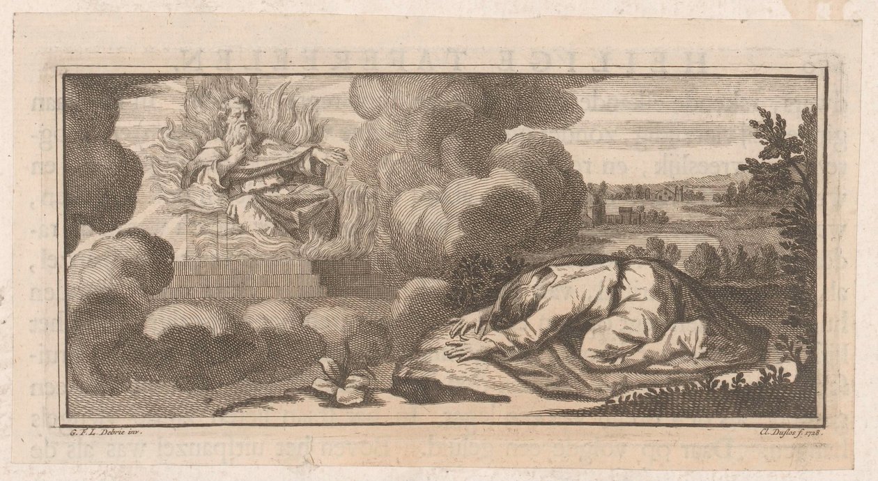 Allegorisk eller bibelsk scene med en knælende figur for en mand på en trone med flammer af Claude Augustin Duflos