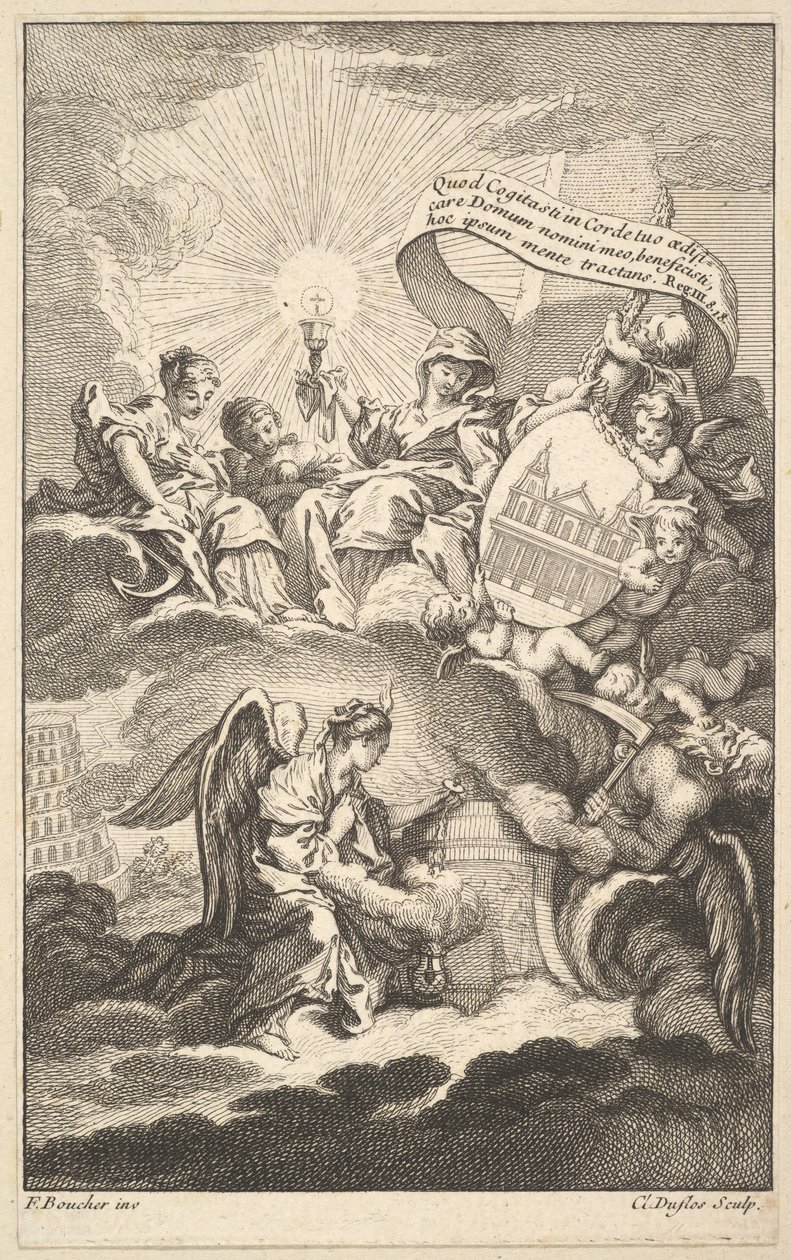Frontispice, fra The Building of St. Sulpice af Alexis Piron, ca. 1744. af Claude Augustin Duflos