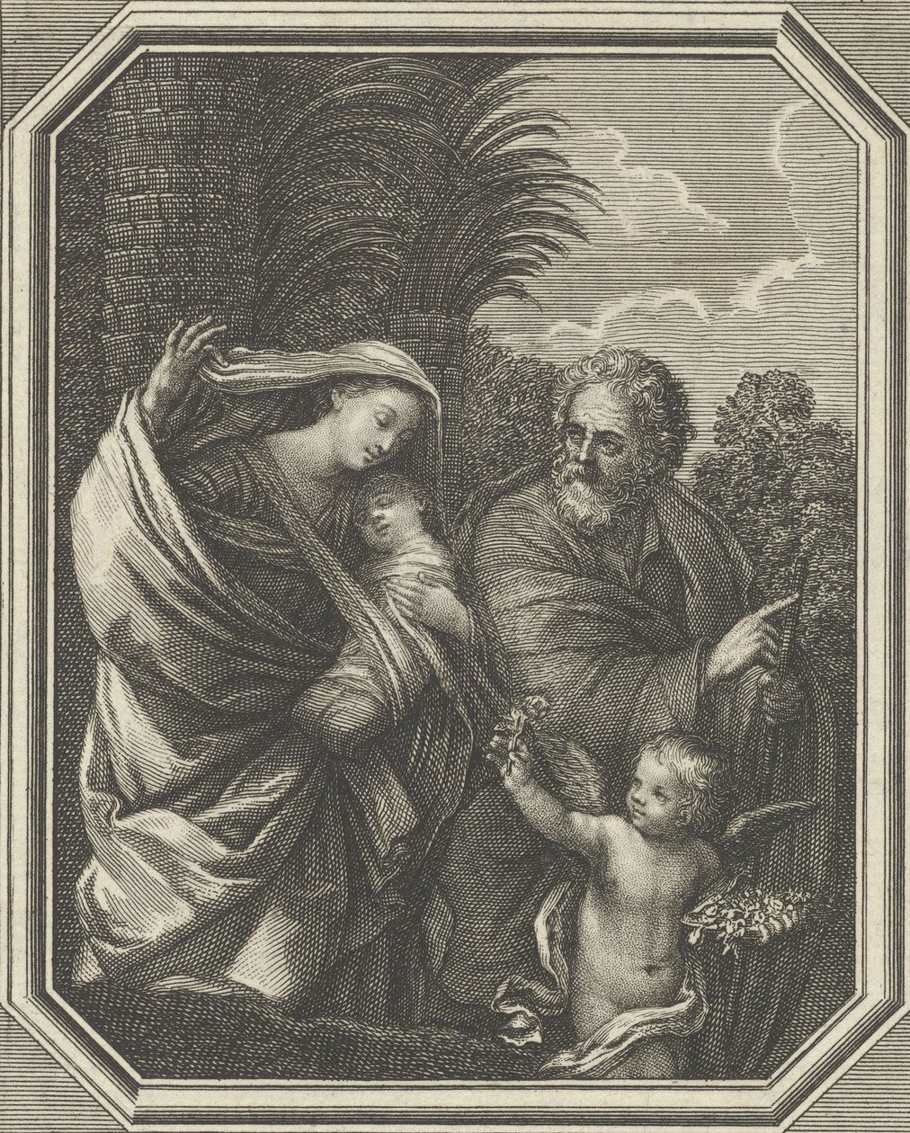 Flugten til Egypten, den hellige familie, der går med den unge Johannes Døberen, tre..., ca. 1720-86. af Claude Augustin Duflos