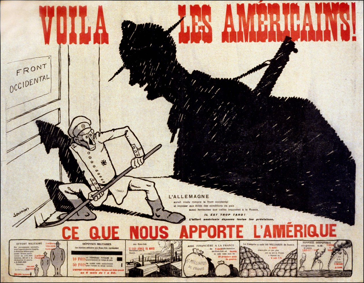 Her er amerikanerne og hvad Amerika bringer os - plakat om den amerikanske krigsindsats, ill. af Charles Saunier (født 1865) af Claude Charles (attr. to) Saunier
