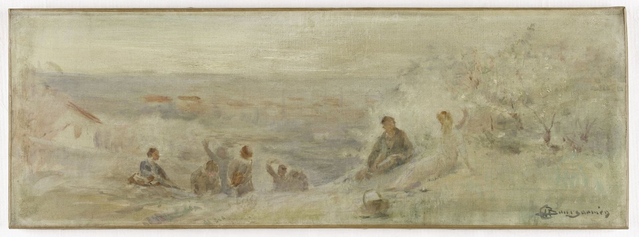 Skitse til rådhuset i Montreuil-sous-Bois: Landscape - Resting under the trees, i 1892 (olie på lærred) af Claude Charles Bourgonnier