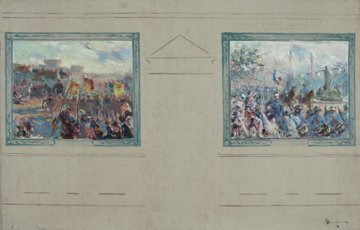 Skitse til rådhuset i det 12. arrondissement i Paris: Revue militaire. Défilé place de la Nation, ca. 1910 (olie på lærred) af Claude Charles Bourgonnier