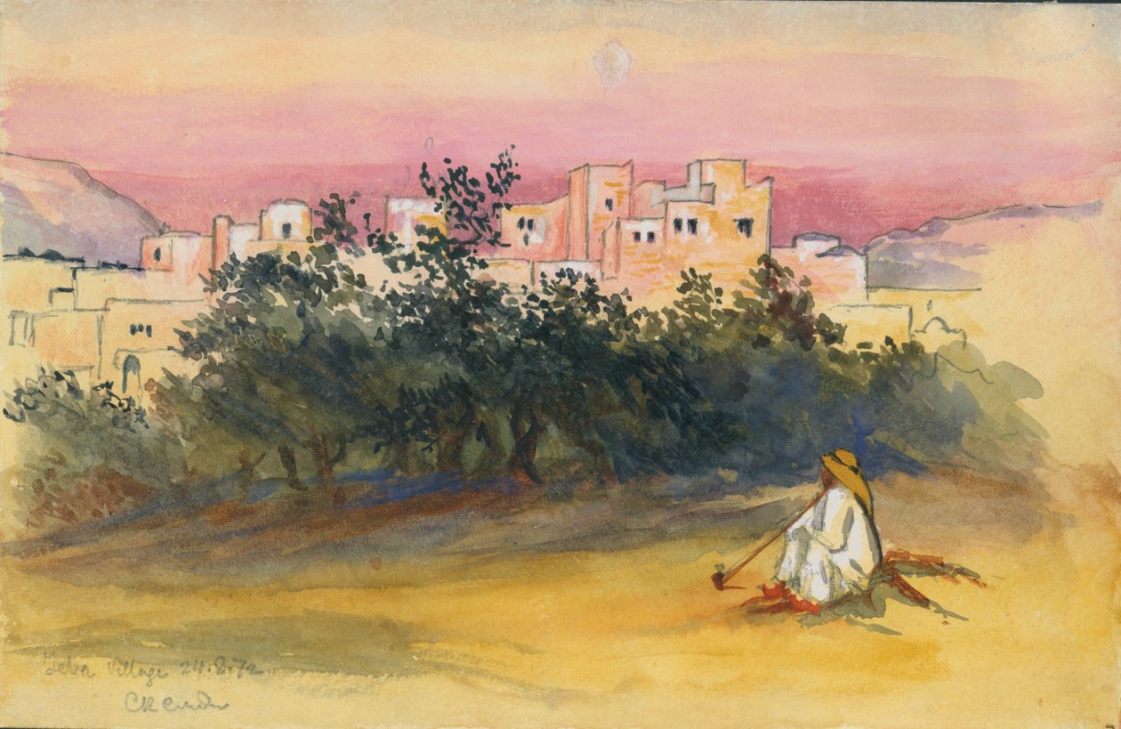 Jeba Village, 1872 (toilet og blyant på papir) af Claude Conder