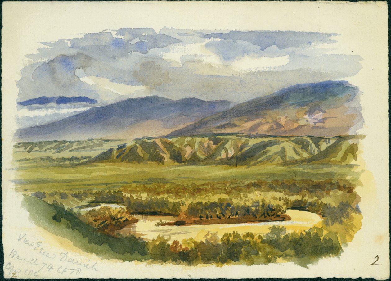 Udsigt nær Damieh, Jordan Valley, 1874 (wc og blyant på papir) af Claude Conder