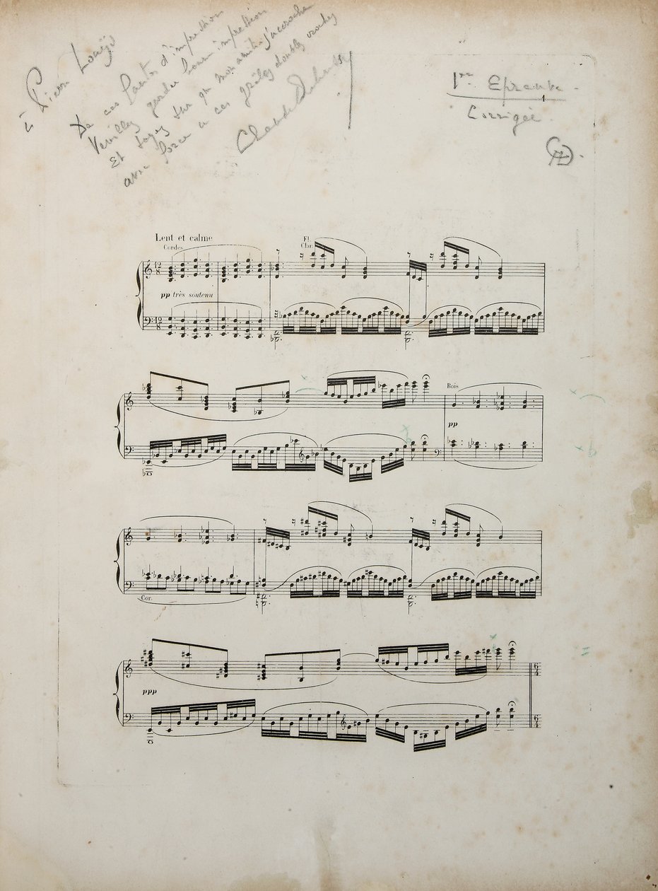 Side fra det første korrigerede bevis på "La damoiselle elue", c.1887-88 af Claude Debussy