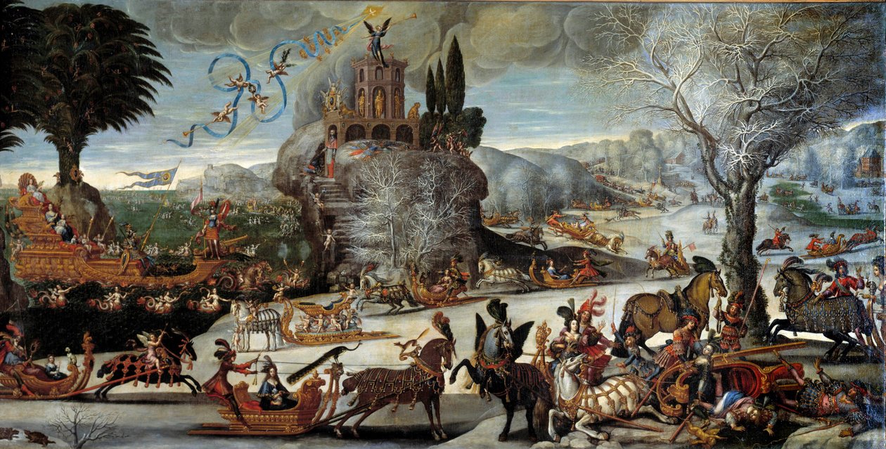 De fire elementer: Vandscene vinterlandskab, Kong Ludvig XIII er repræsenteret i Neptun, Anne af Østrig i Amphitrite, Prins og fremtidige Kong Ludvig XIV på en båd. Maleri af Claude Deruet (1588-1662). Svag. 2,27 x 1,12 m. 1640-1641. Orleans. Museum af af Claude Deruet