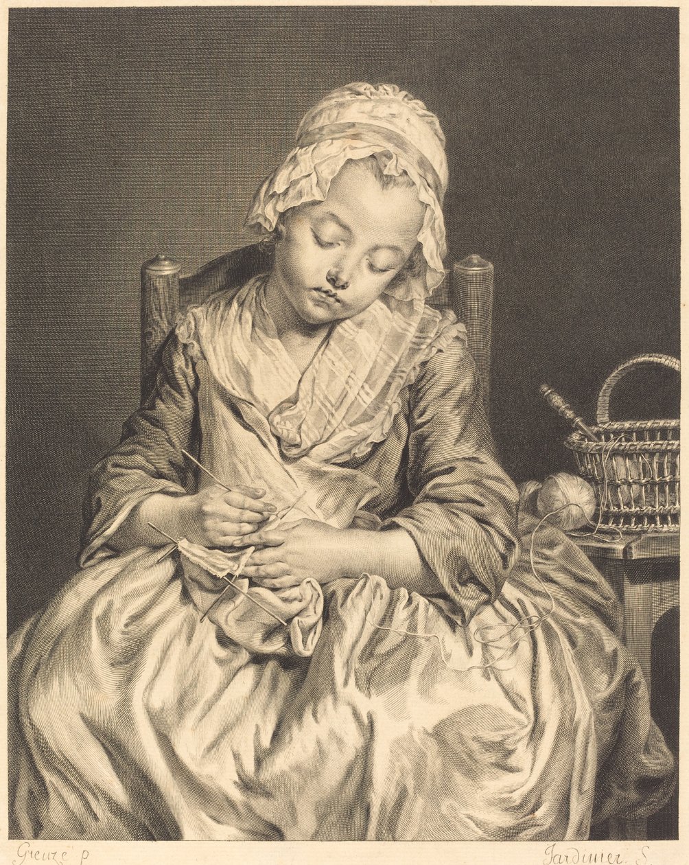 Den sovende strikker af Claude Donat Jardinier after Jean Baptiste Greuze