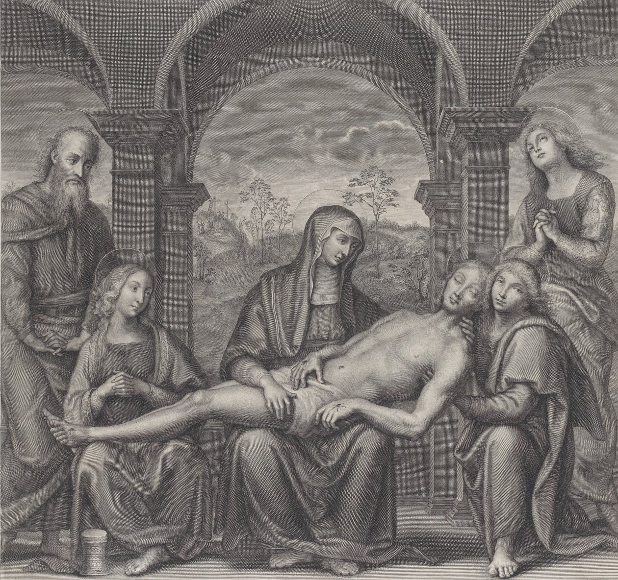 Kristus i graven, hvilende over Jomfruens skød, efter Perugino, ca. 1685-1727. af Claude Duflos