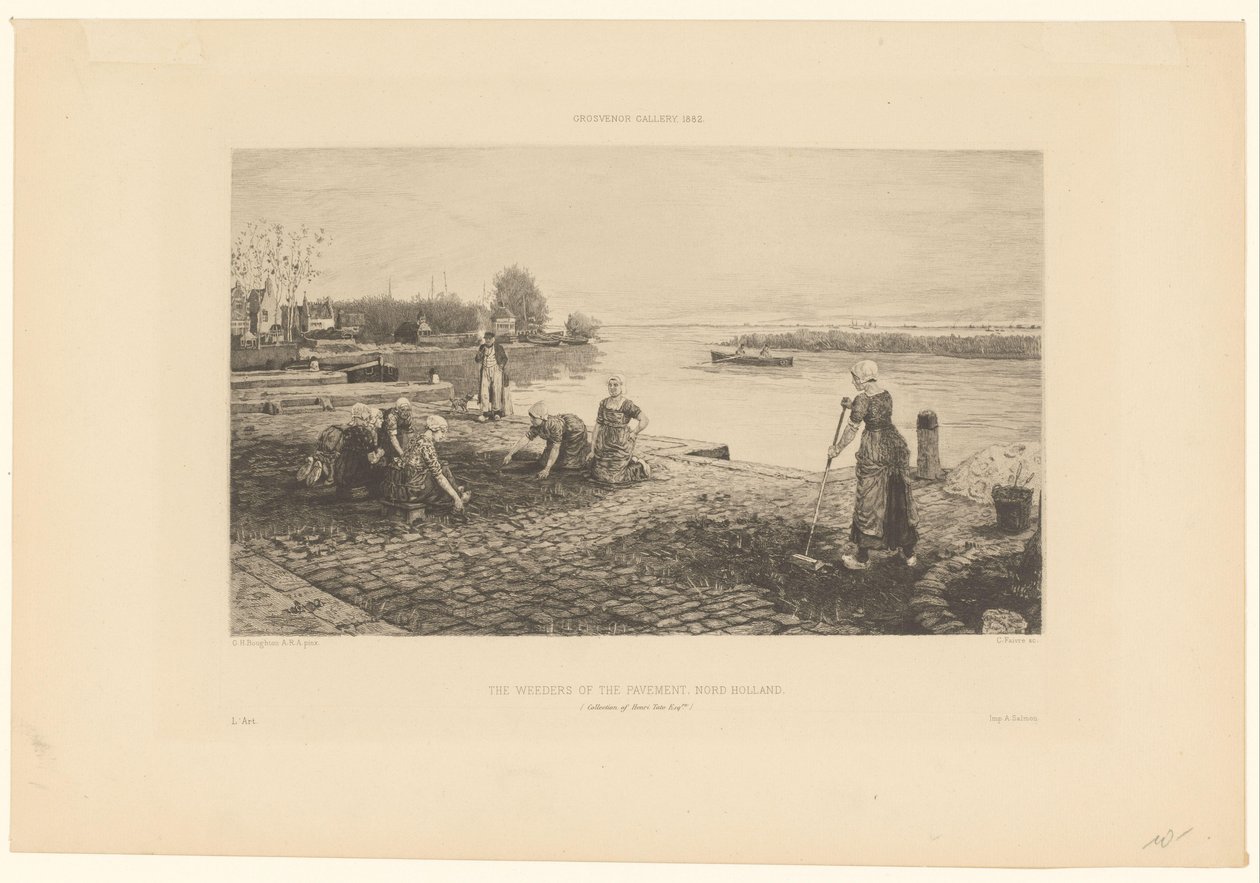 Kvinder luger en kaj i Nordholland Ukrudtsrenserne på fortovet, Nord Holland (titel på objektet) af Claude Faivre