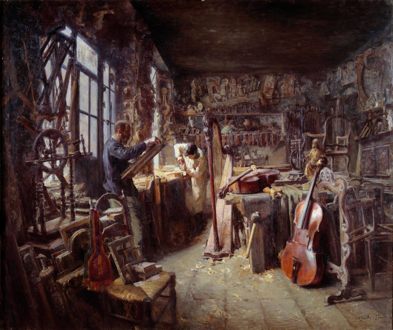 En restauratør i sit værksted fyldt med instrumenter. Maleri af Claude Firmin (1864-1944) 1896 Avignon musee Calvet OBS! Brug af dette værk kan være underlagt en anmodning om tredjepartsgodkendelse eller yderligere gebyrer af Claude Firmin