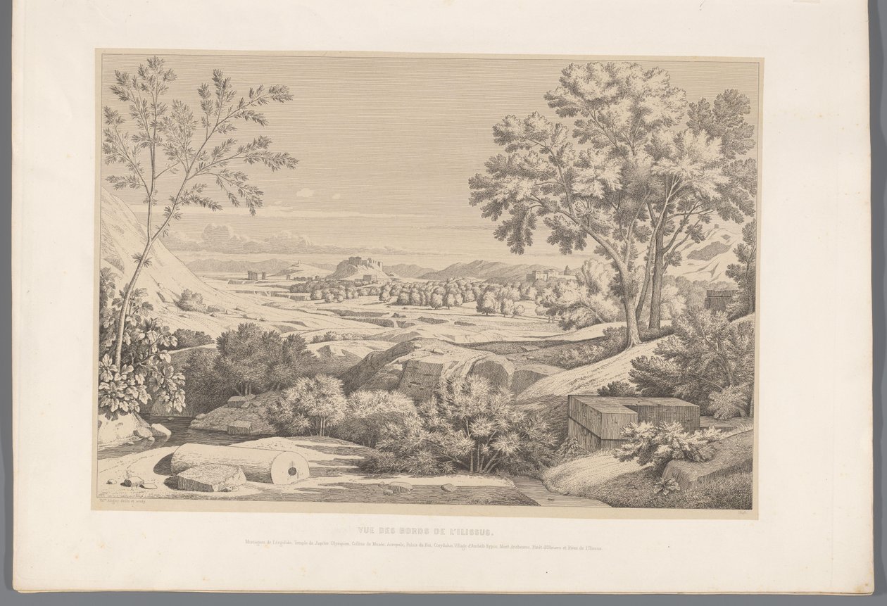 Se over de oever van de rivier Ilisos Udsigt over kanterne af ilissus. (titel på objekt) Udsigt over de mest berømte steder i det antikke Grækenland (...) (serietitel) af Claude Félix Théodore Caruelle d