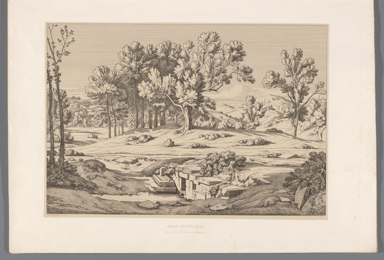 Landschap met gezicht op de berg Pentelikon Mount Pentelic (titel på objekt) Udsigt over de mest berømte steder i det antikke Grækenland (...) (serietitel) af Claude Félix Théodore Caruelle d
