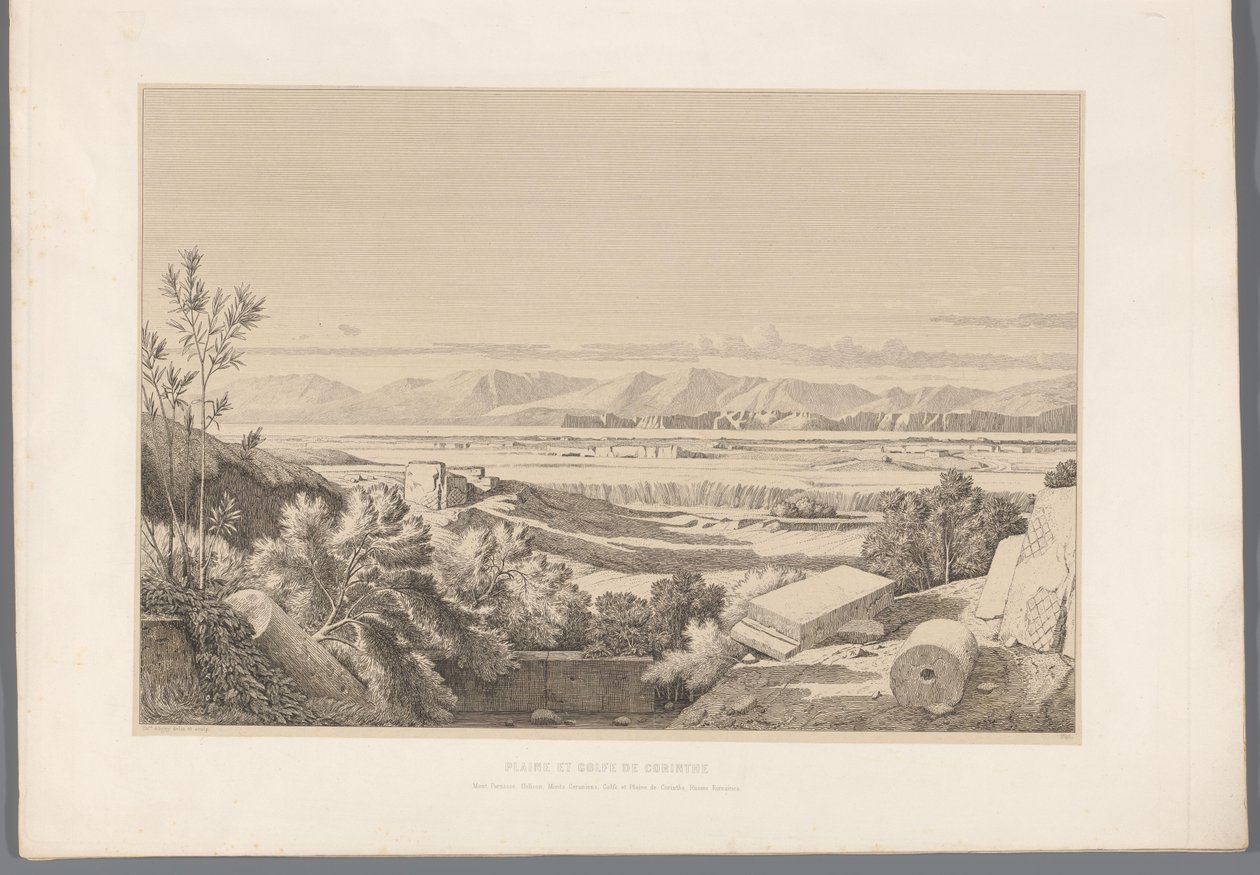 Landschap met zicht op ruiner af Korinth Slette og Korinth-bugten (titel på objektet) Udsigt over de mest berømte steder i det antikke Grækenland (...) (serietitel) af Claude Félix Théodore Caruelle d