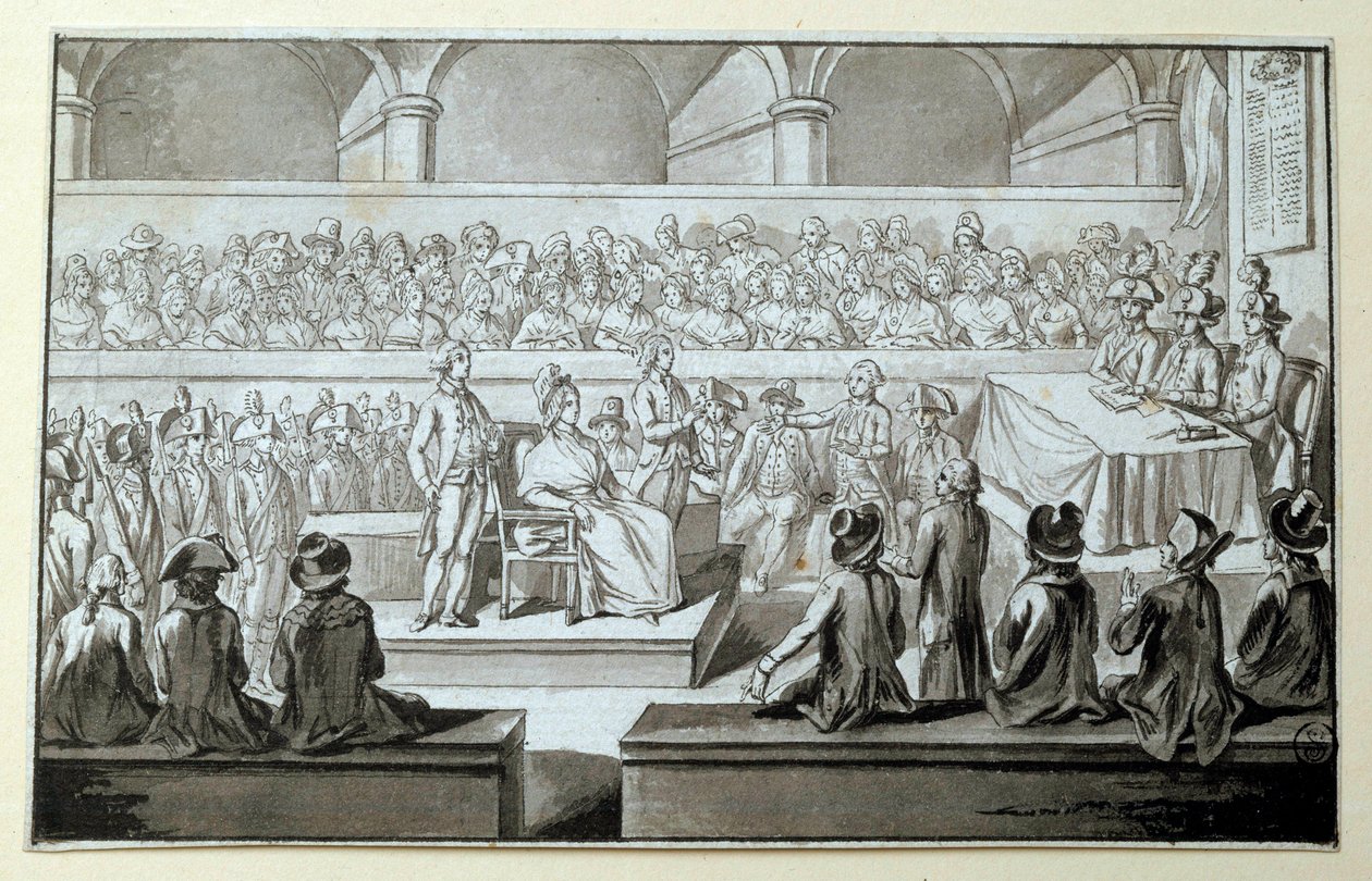 Dronning af Frankrig Marie Antoinette for Revolutionsdomstolen: dage af 14,15,16/10/1793 Advokaten, der forsvarede sig i hans sag, er Claude Francois Chauveau-Lagarde (1756-1841). Tegning med sort blæk Dim. 0,097x0,15 m. Paris, Louvre-museet af Claude Francois Chauveau Lagarde