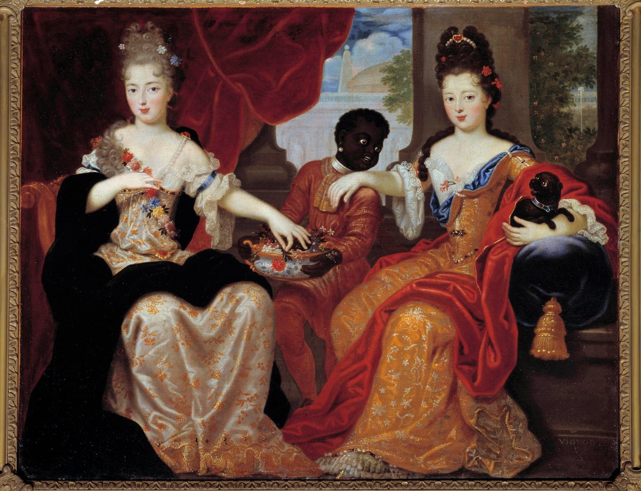 Portrætter af Mademoiselle de Blois og Mademoiselle de Nantes serveret af deres sorte tjener""". Mademoiselle de Blois (1677-1749), kommende hustru til Louis de Bourbon, Mademoiselle de Nantes (1673-1743), kommende hertuginde af Orleans. Maleri af Claude F af Claude Francois Vignon