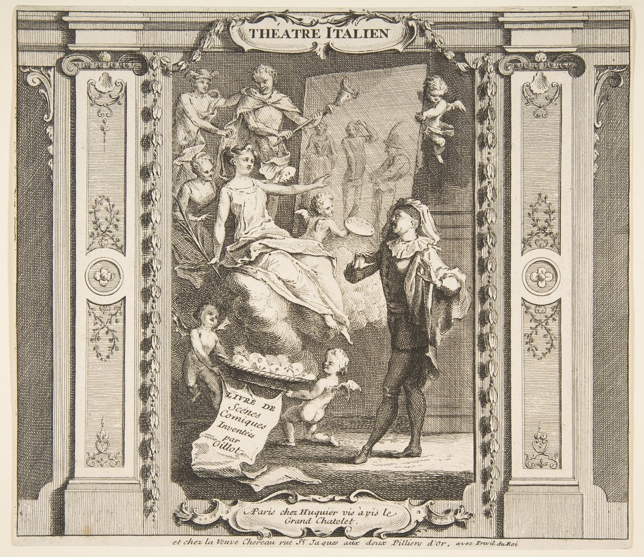 Frontispice til Teater Italien.n.d. Skaber: Claude Gillot, Jacques Gabriel Huquier. af Claude Gillot, Jacques Gabriel Huquier