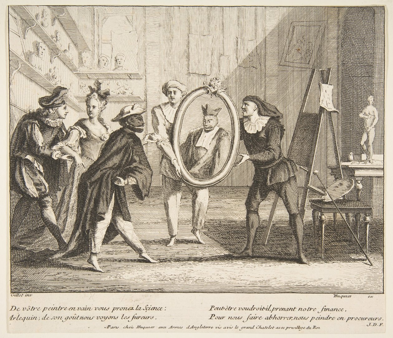 Pierrot og Scaramouche viser portrættet af Harlequin.n.d. Skaber: Claude Gillot, Jacques Gabriel Huquier. af Claude Gillot, Jacques Gabriel Huquier