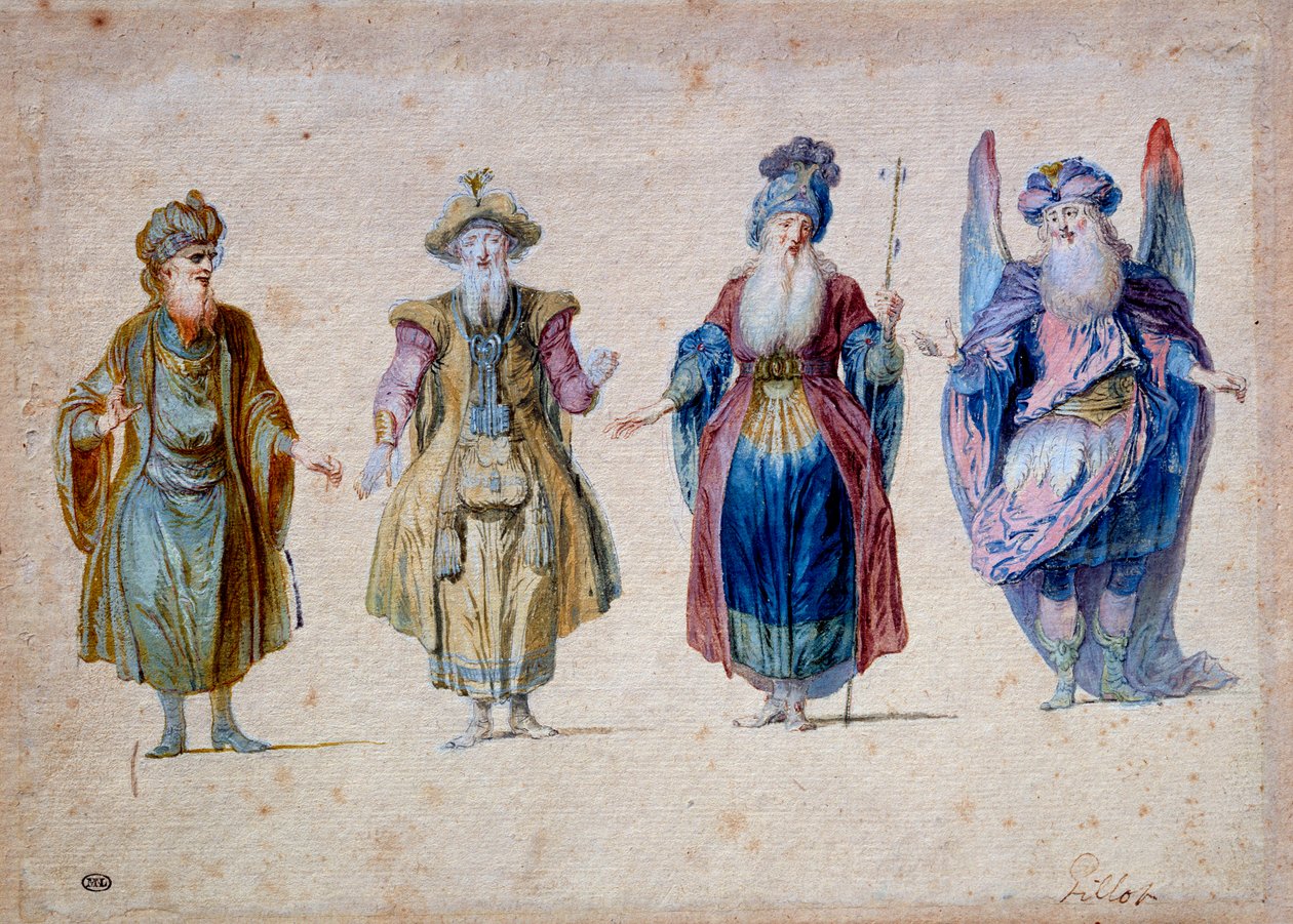 Fire teaterpræster Akvarel af Claude Gillot (1673-1722) Paris, Musee du Louvre af Claude Gillot