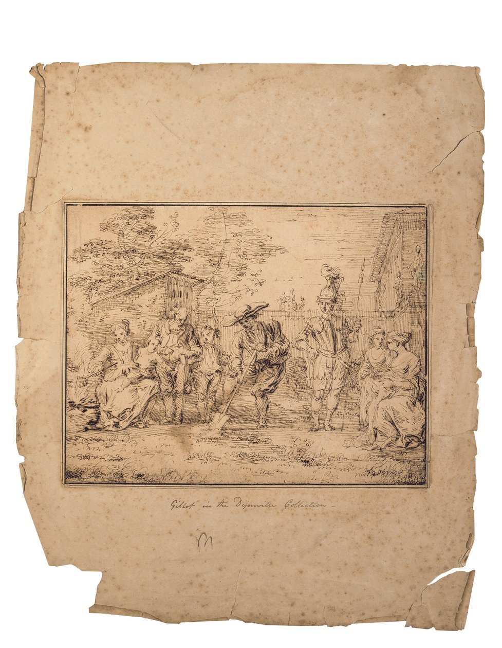 Les quatre âges de la vie: Syv figurer i en have, en graver med en spade (pen og brunt blæk) af Claude Gillot