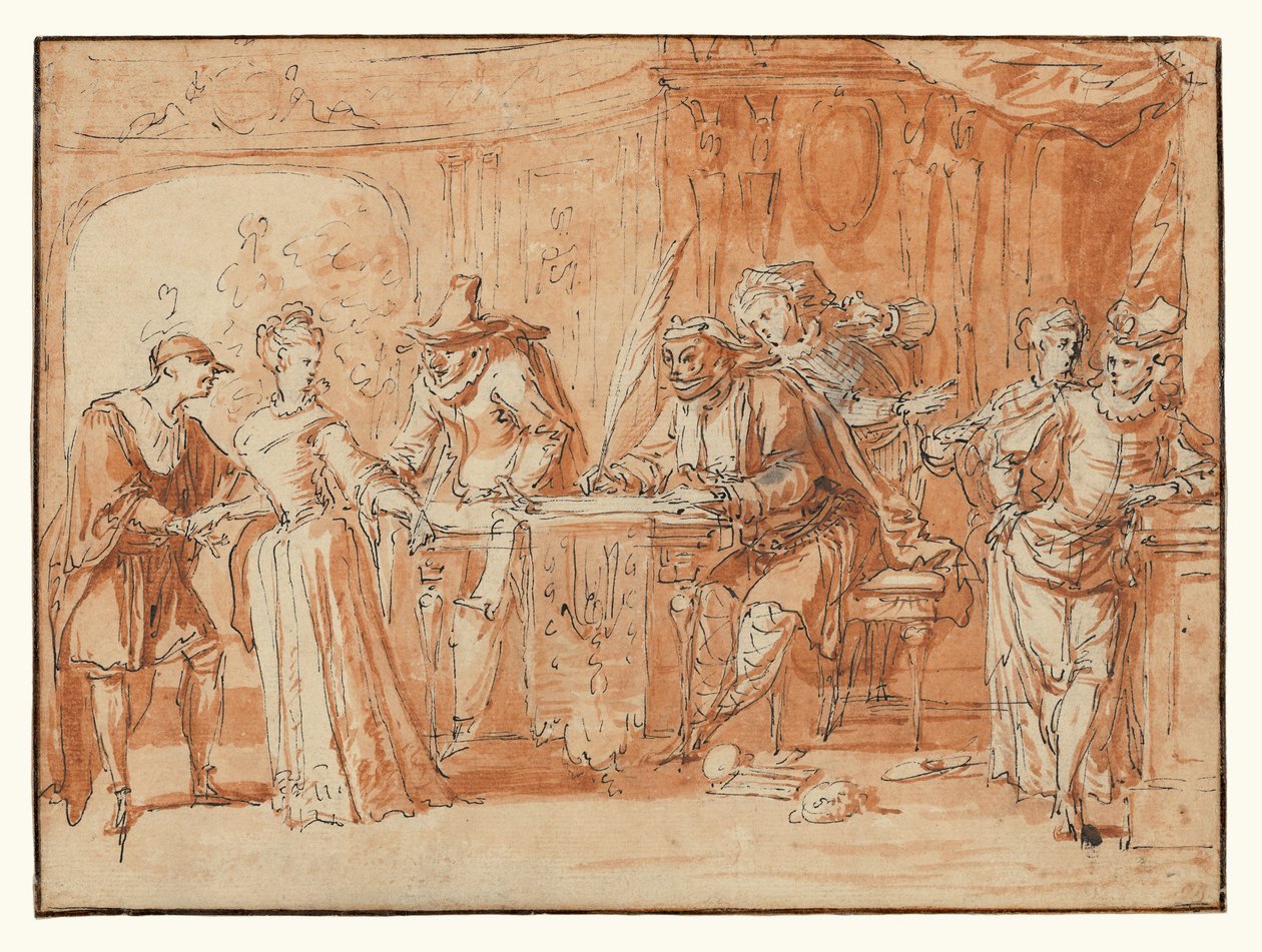 Szene aus der italienischen Komödie (recto); Figurenstudie (verso) af Claude Gillot