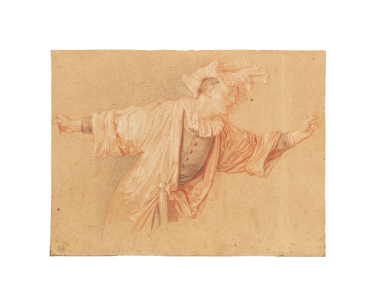 Studie for Scaramouche, hans arme strakte, ca. 1707 (rød, sort og hvid kridt, på lysegråt papir) af Claude Gillot