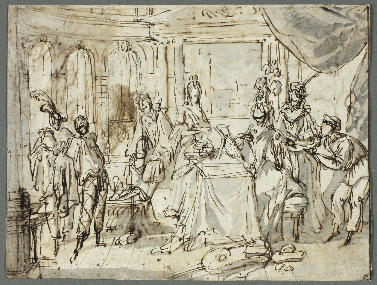 Skuespillerne gør klar (recto); Studier af den hellige familie og Johannes Døberen (verso) af Claude Gillot
