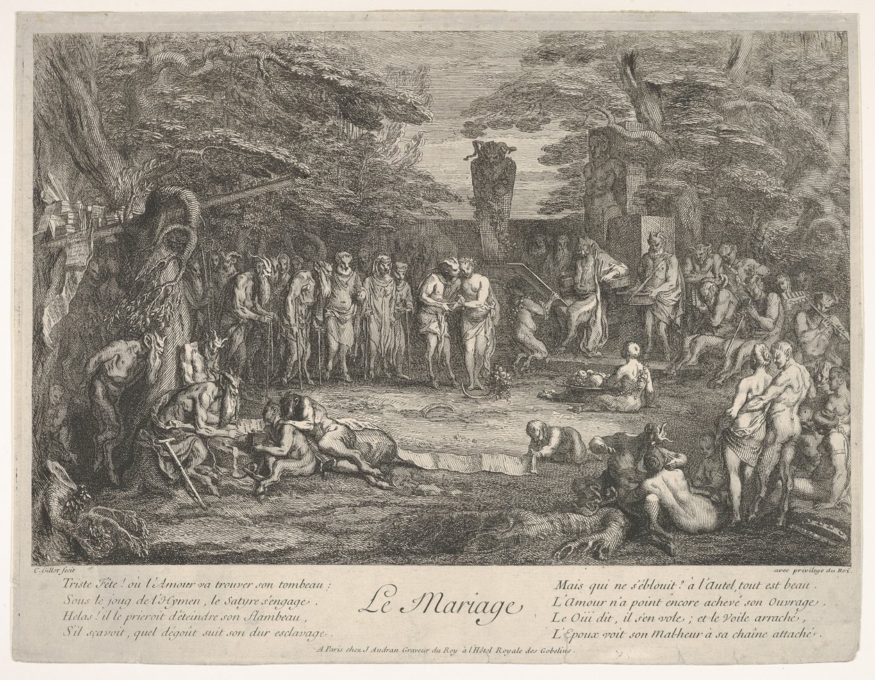 Ægteskabet Le Mariage: i en skov gifter en gammel satyr sig med den forlovede i cen..., ca. 1700-1720. af Claude Gillot