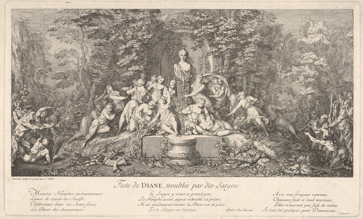 Dianafestivalen, afbrudt af satyrerne Feste de Diana, perturbée par des Satyres..., ca. 1786. af Claude Gillot