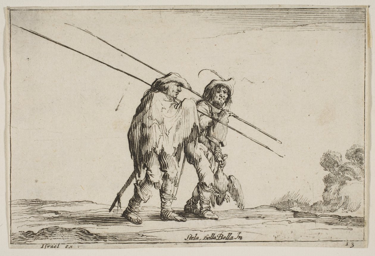 Plade 13: To geddemænd gående mod højre med hver deres gedder i højre hånd..., 1642. af Claude Goyrand