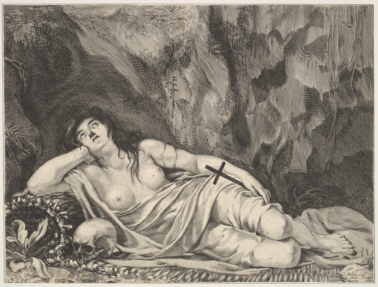 St. Mary Magdalen tilbagelænet i en grotte. af Claude Goyrand