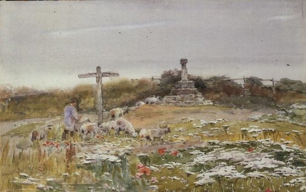 Ved korsvejen (akvarel på papir) af Claude Hayes