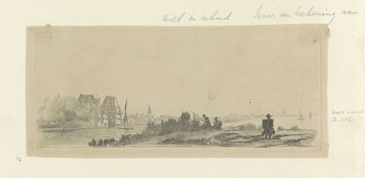 Landskab med kanal, lystfiskere og mælkemand Recueil de quatre-vingt-cinq estampes originales (serietitel) af Claude Henri Watelet (possibly)