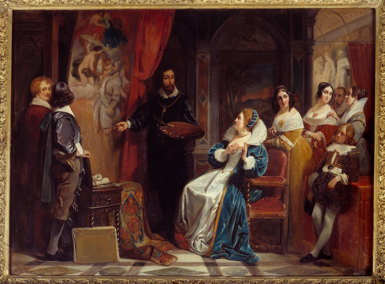 Dronning af Frankrig Marie de Medicis (1573-1642) besøger maleren Pierre Paul (Pierre-Paul) Rubens (eller Peter Paul eller Petrus Paulus) værksted (1577-1640). Maleri af Claudius Jacquand (1804-1878) af Claude Jacquand