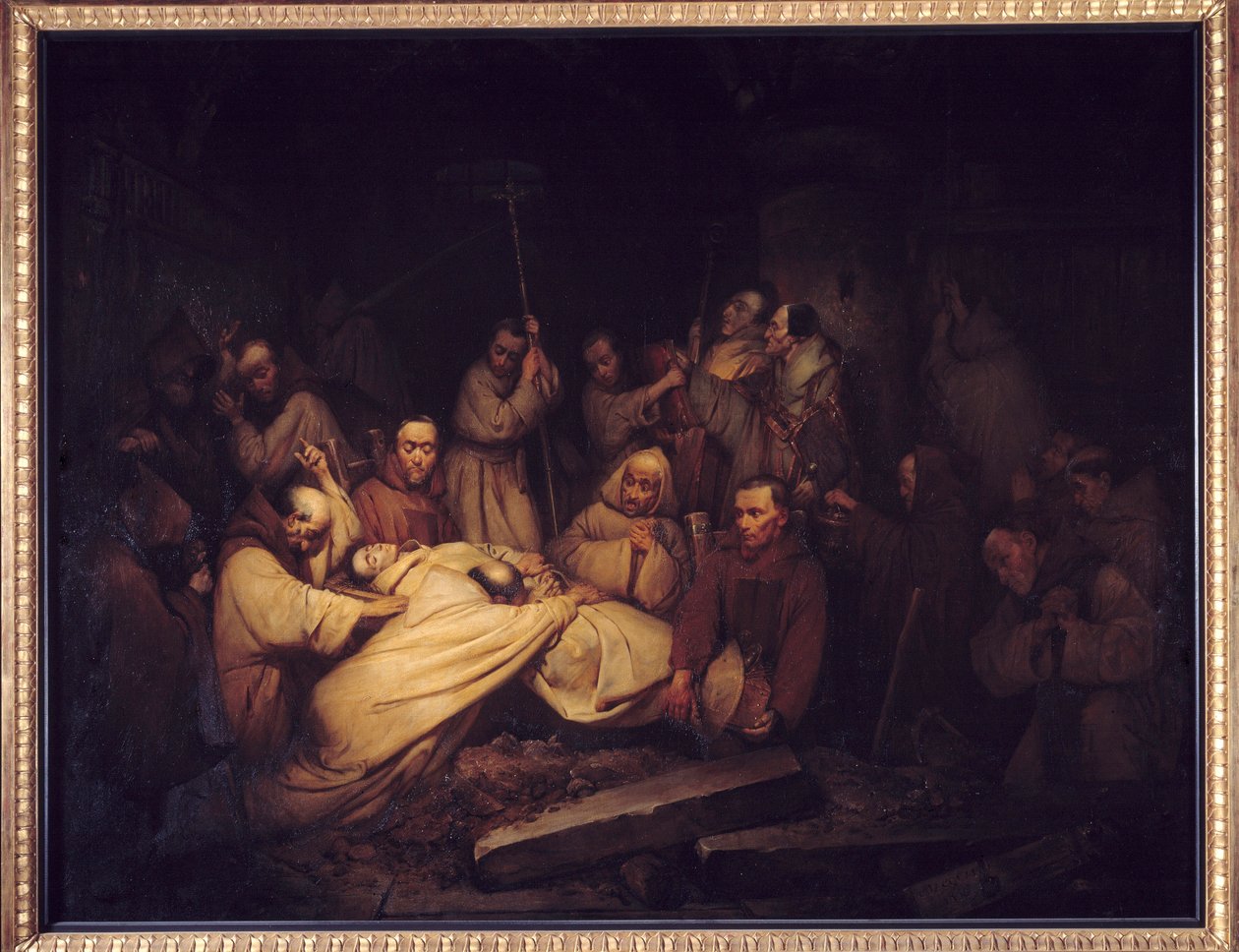 Greven af Comminges. Sidste scene af mindesmærkerne for greven af Comminges, der repræsenterer greven af Comminges, der anerkender Adelaide efter hans død. Maleri efter romanen af Francois de Baculard d