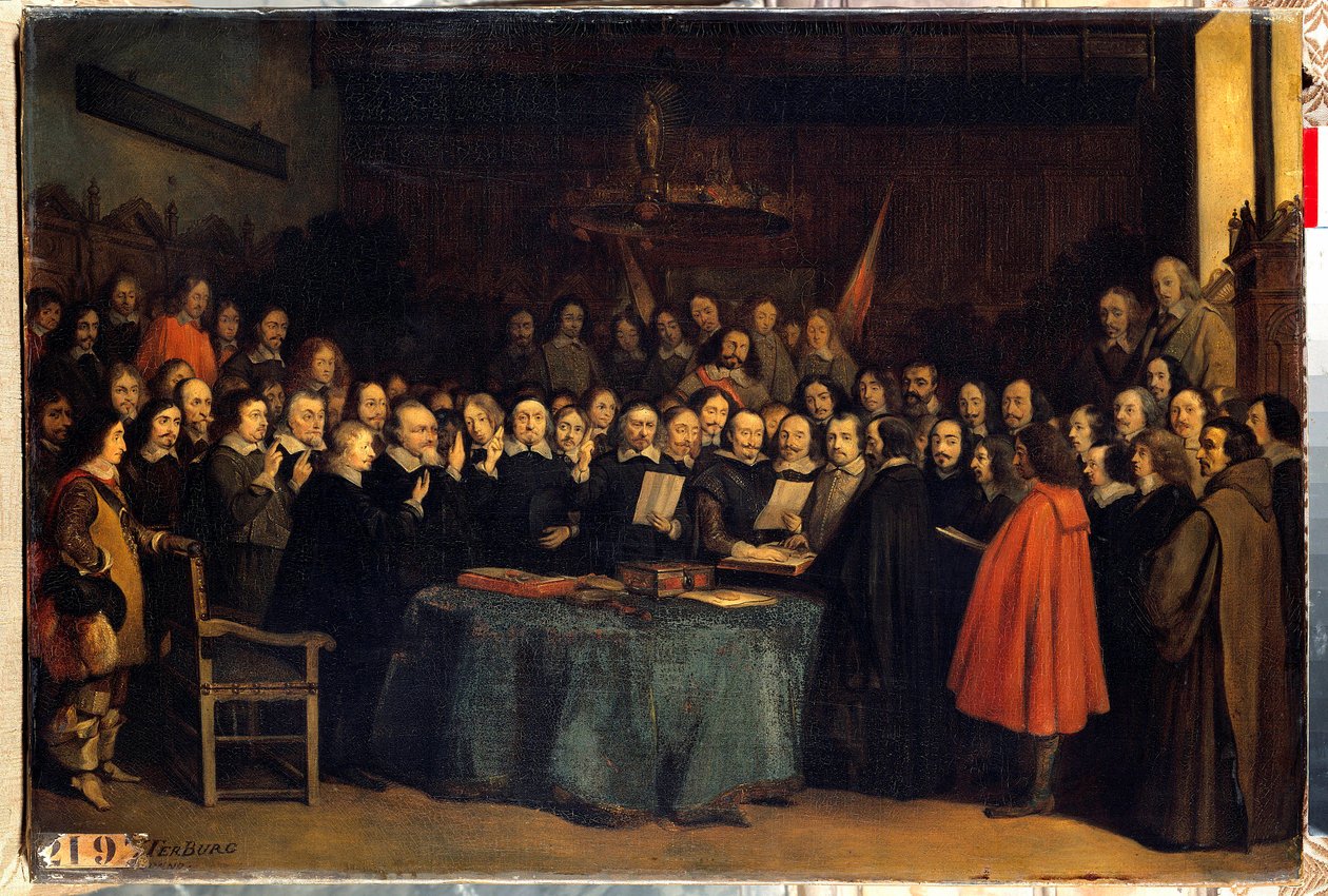 Freden i Westfalen, edsaflæggelsen efter ratificeringen af freden mellem spanierne og Needlanderne, på Munster Rådhus den 15/05/1648. De afsluttede Trediveårskrigen. Maleri af Claudius Jacquand af Claude Jacquand