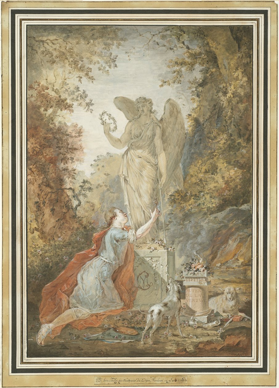 En kunstner, der tilbeder en statue af dyd af Claude Jean Baptiste Hoin