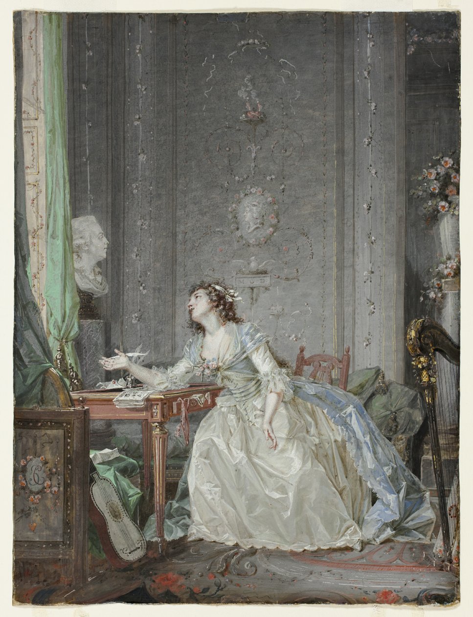 Interiør med et portræt af en ung dame før en buste af Claude Jean Baptiste Hoin