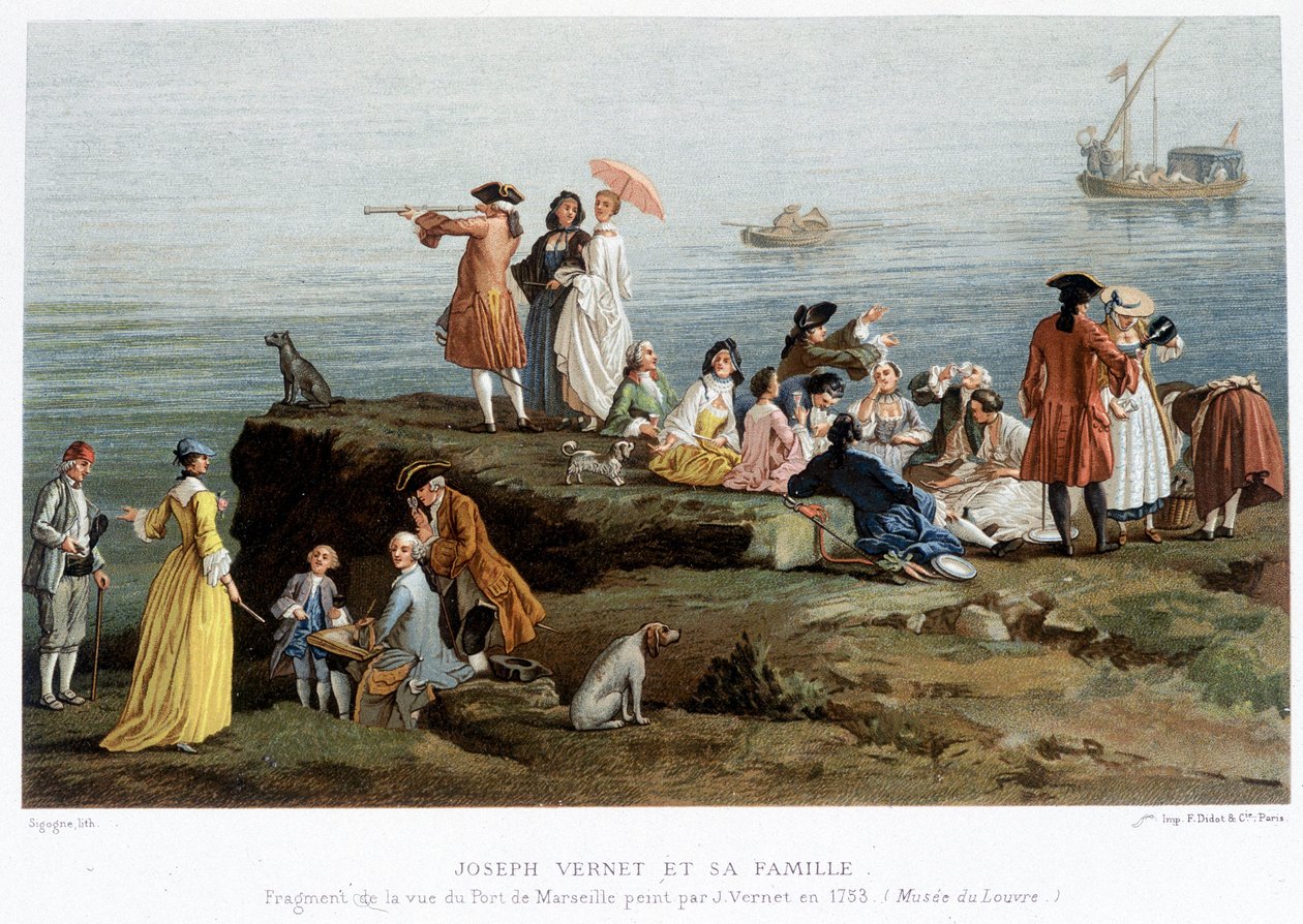 Joseph Vernet og hans familie - repro fra det 19. århundrede. af et fragment af udsigten over havnen i Marseille malet af Vernet i 1753 (Louvre Museum) af Claude Joseph (after) Vernet
