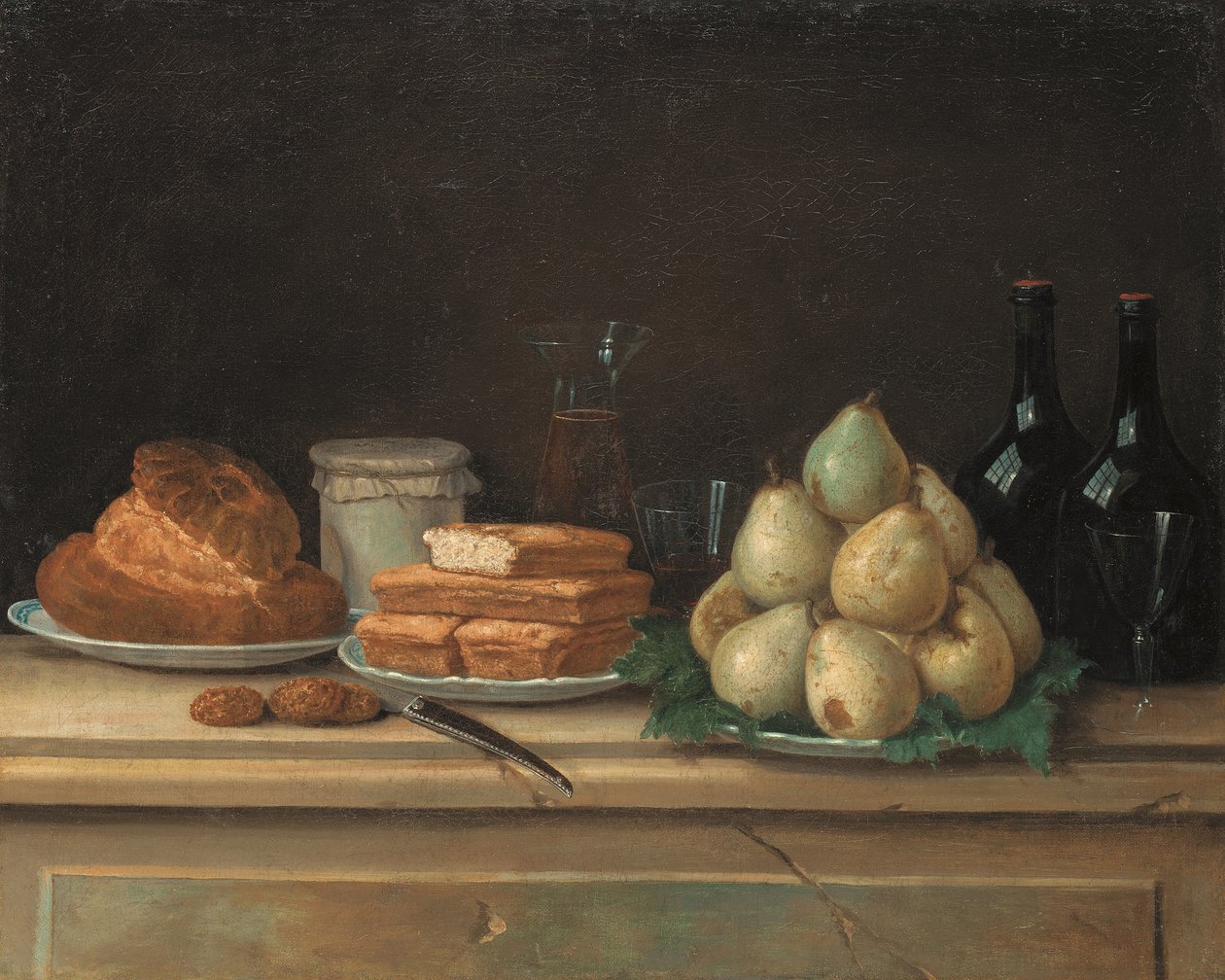 Pærer og brød på tallerkener, med flasker vin og glas på en stenkant (olie på lærred) af Claude Joseph Fraichot