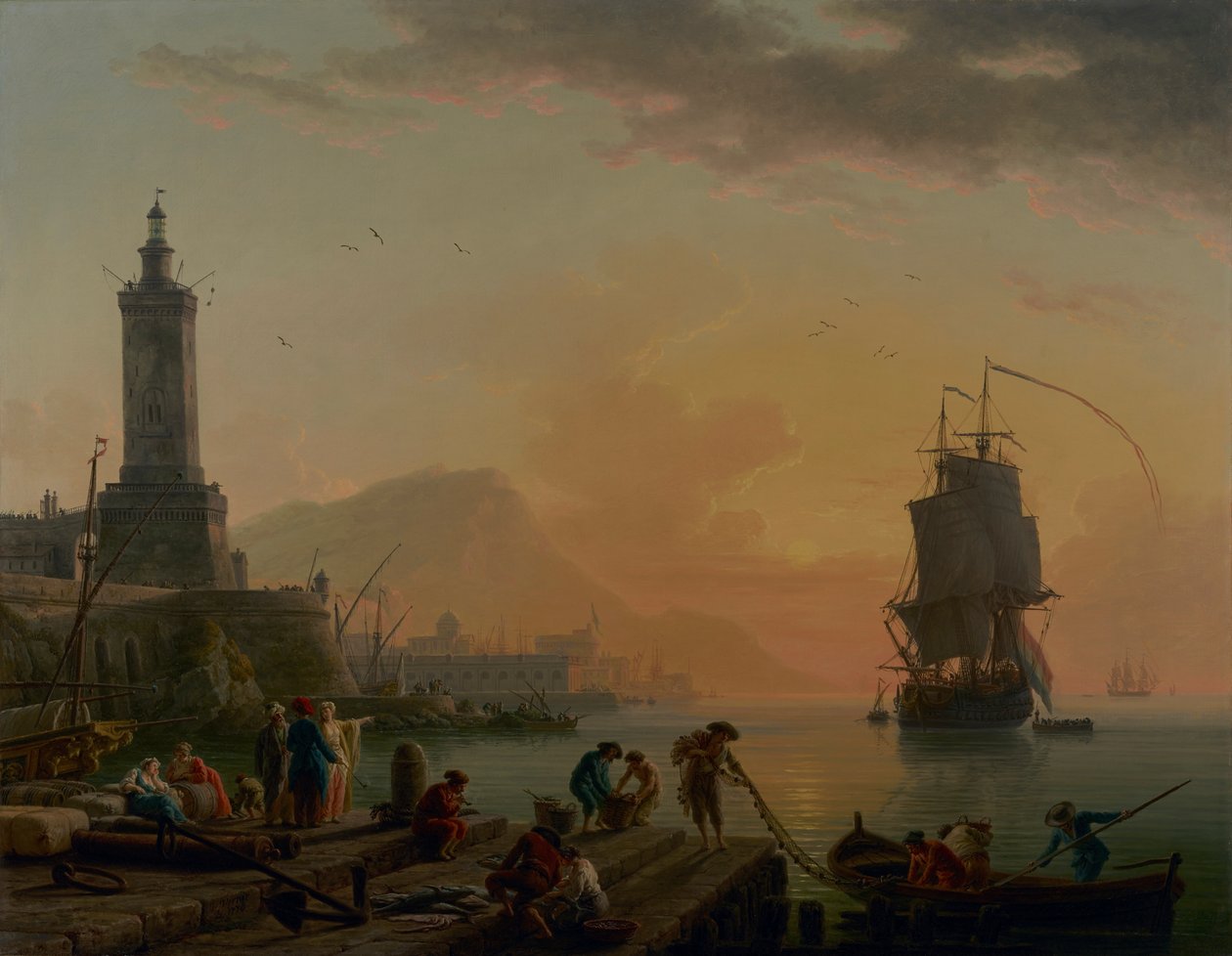 Havn ved Middelhavet. Rolig vind, stille om aftenen. af Claude Joseph Vernet