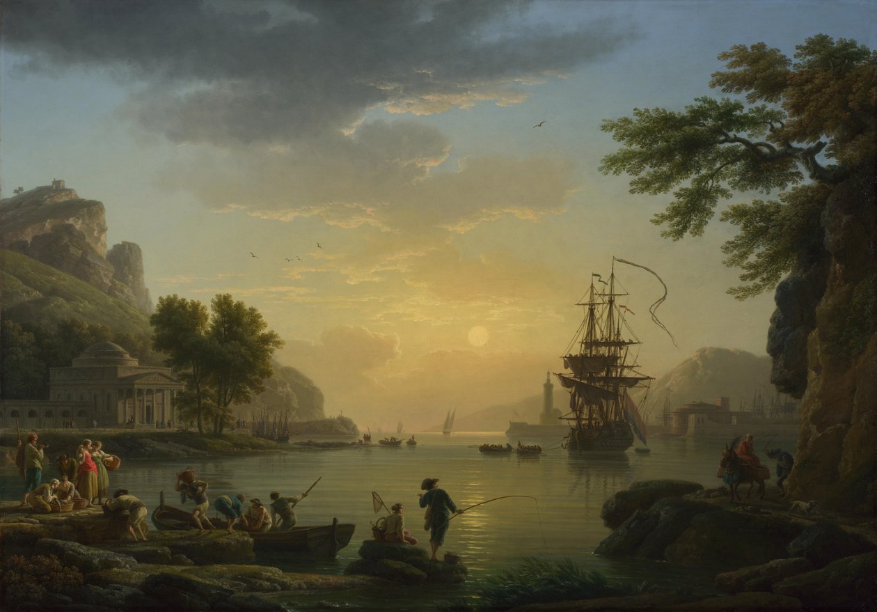 Et landskab ved solnedgang med fiskere, der vender tilbage med deres fangst, 1773 af Claude Joseph Vernet