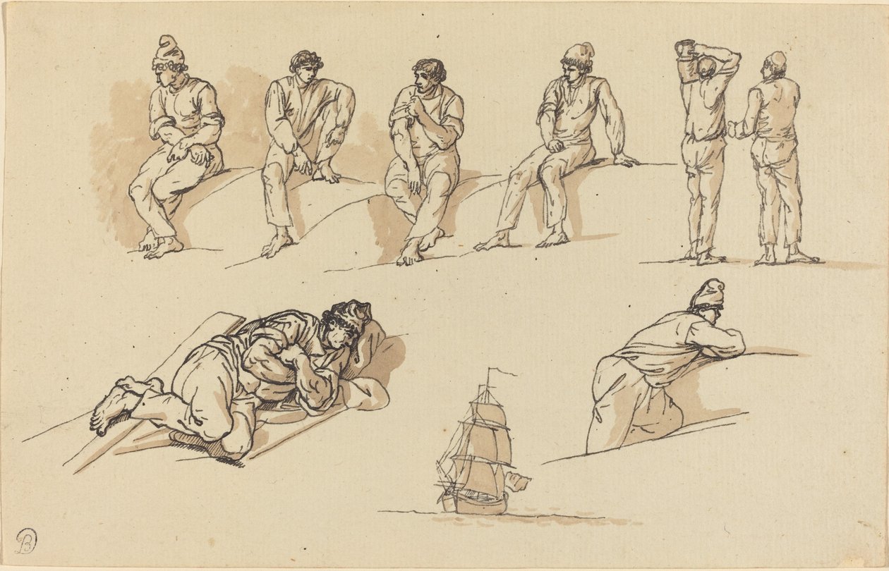 Otte Studier af Figurer og et Skib til Søs af Claude Joseph Vernet