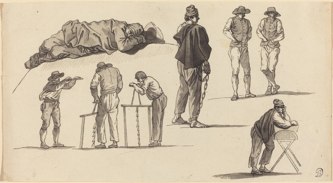 Figurstudier, inklusive en mand, der sover på jorden og to mænd, der saver af Claude Joseph Vernet