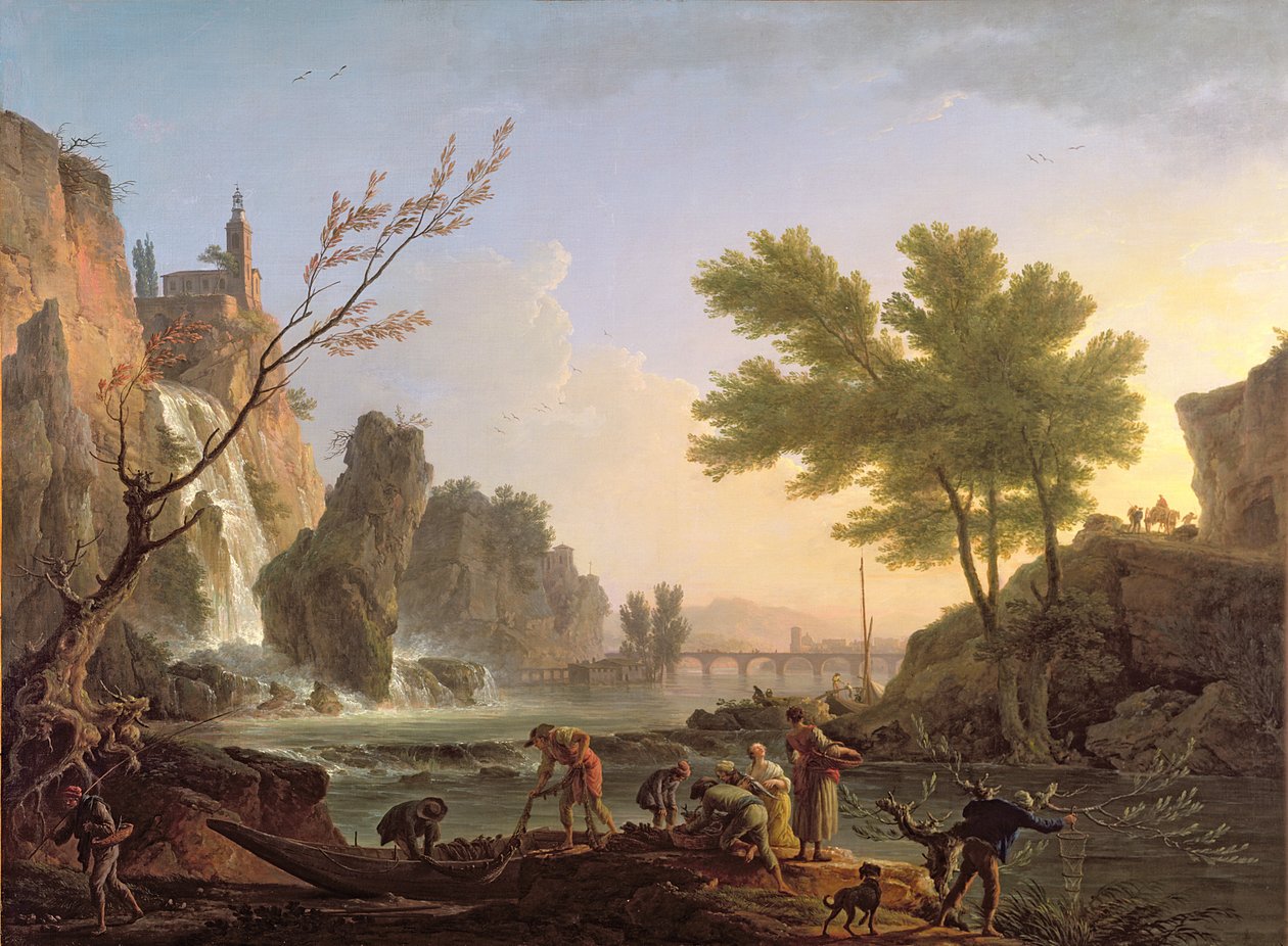 Fisker i et landskab med en kaskade og en bro af Claude Joseph Vernet