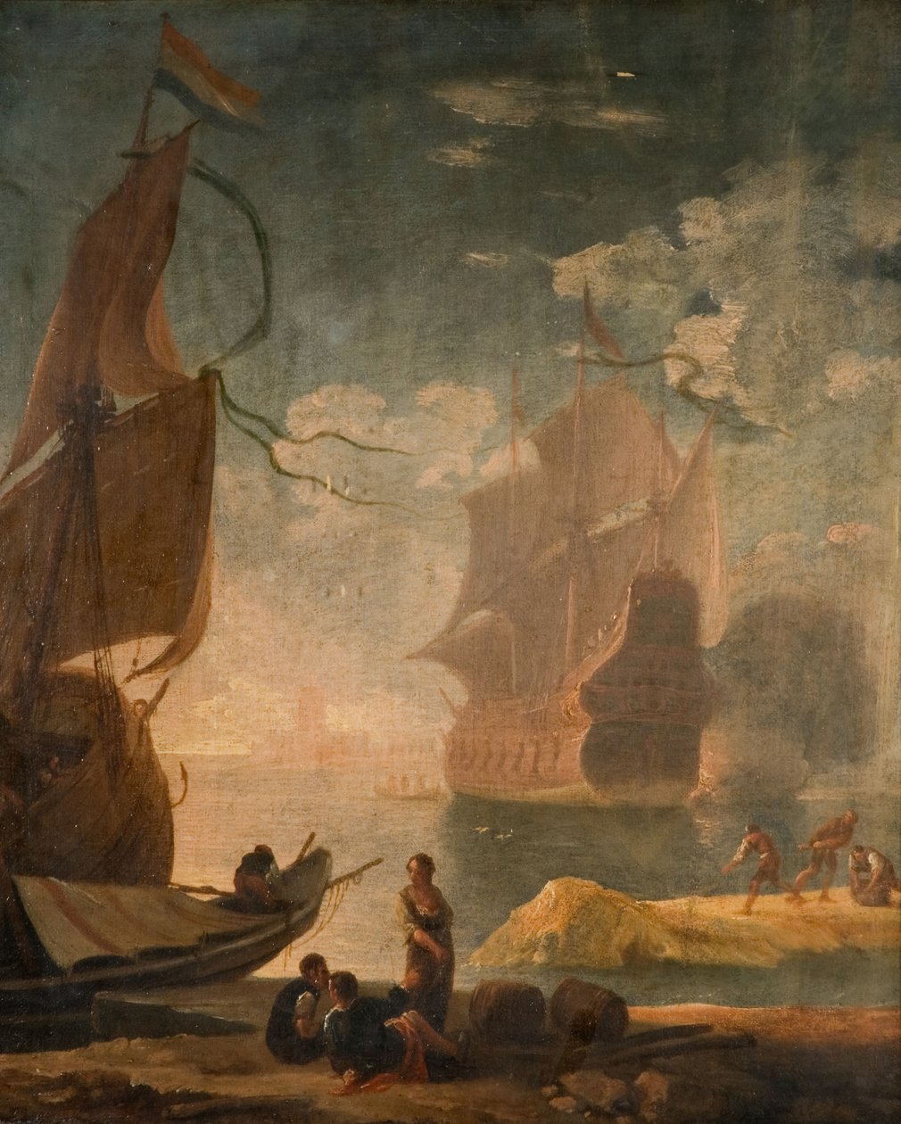 Havnescene med krigsmand og figurer på en kaj, 1825. af Claude Joseph Vernet