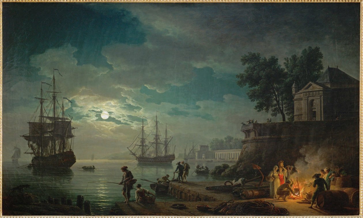 Om natten er det en månelyst havneby ... af Claude Joseph Vernet