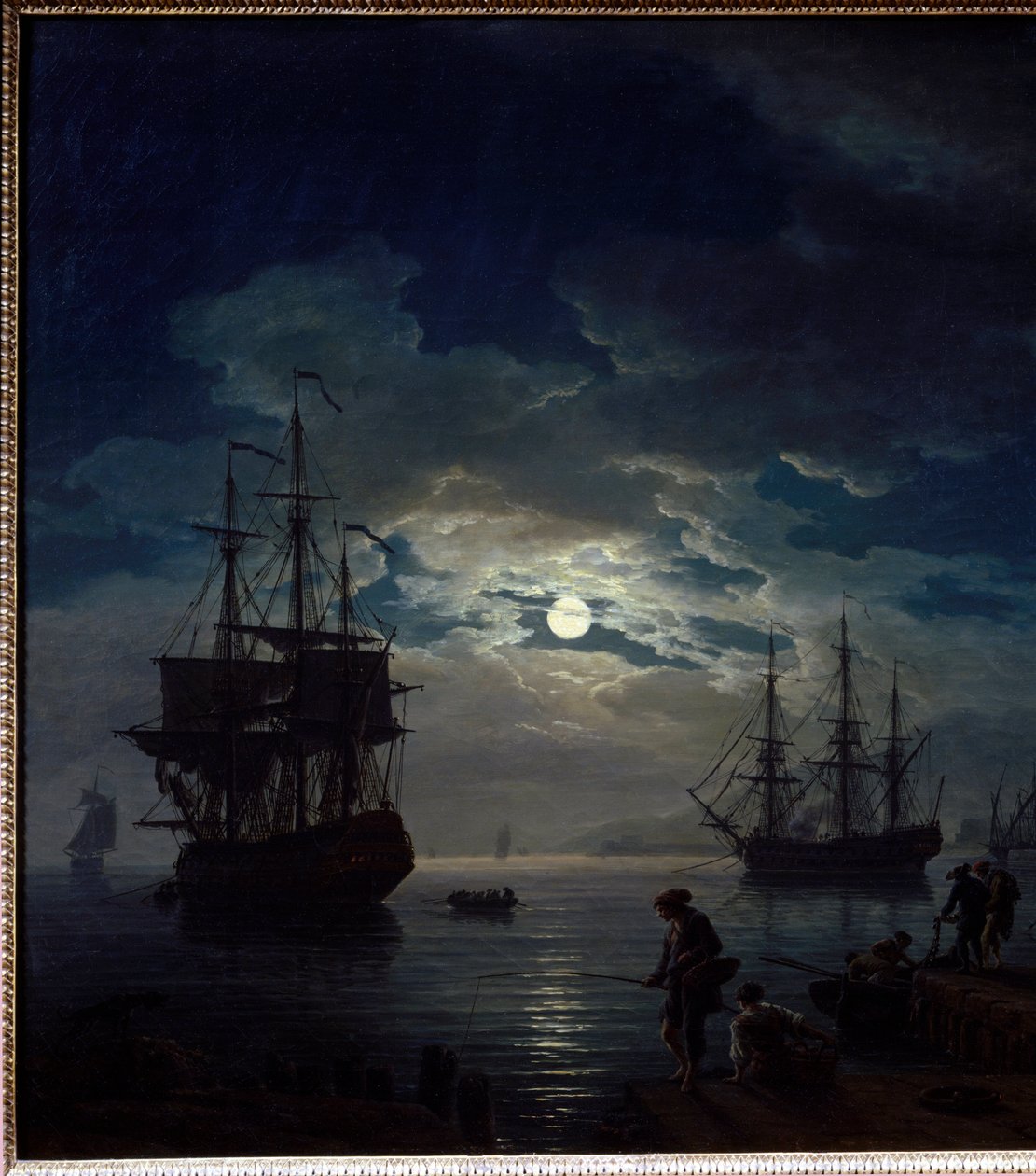Måneskinsfiskeri Natudsigt over en havn. Detalje. Maleri af Joseph Vernet (1714-1789) 1773 Paris, Musee du Louvre af Claude Joseph Vernet